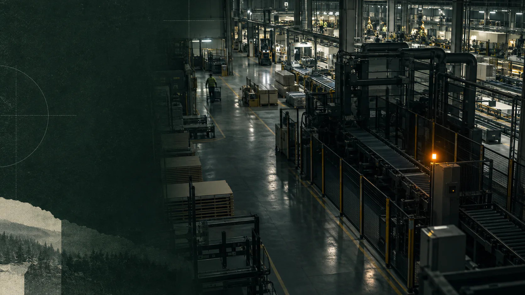 A dark Nordic factory floor at night