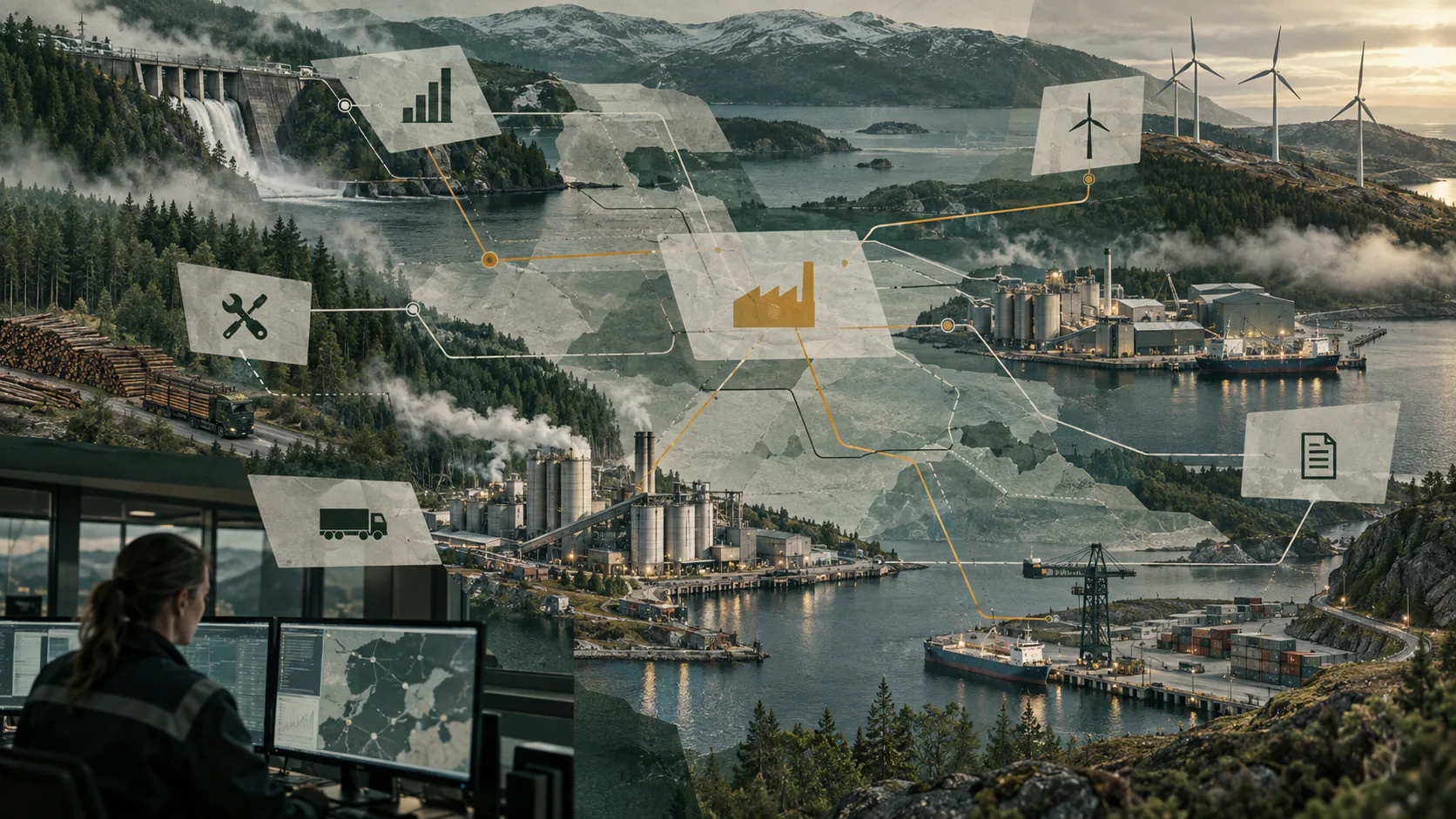 An interconnected industrial, energy and logistics network across a Nordic landscape